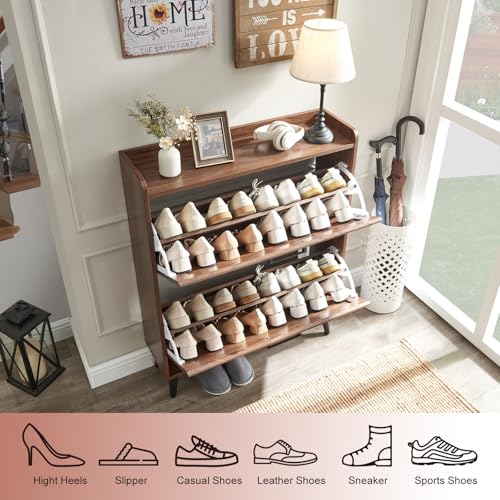 Barnyatoh Shoe Storage Cabinet with 2 Flip Drawers,Hidden Shoe Organizer | Farmhouse Freestanding Narrow Slim Shoes Rack Cabinet with Adjustable Shelves for Entryway Hallway,Walnut - color: Walnut