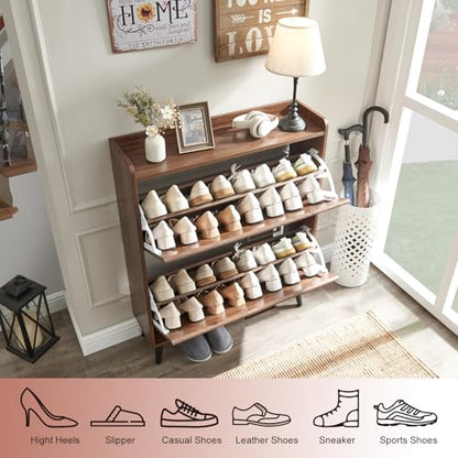 Barnyatoh Shoe Storage Cabinet with 2 Flip Drawers,Hidden Shoe Organizer | Farmhouse Freestanding Narrow Slim Shoes Rack Cabinet with Adjustable Shelves for Entryway Hallway,Walnut - color: Walnut