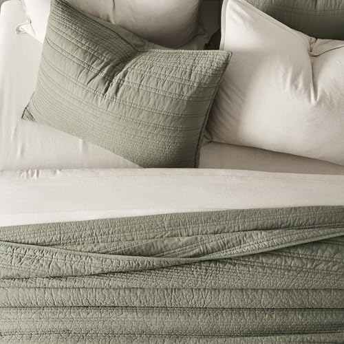 EVERGRACEHOME 100% Cotton Modern Lines Quilt Set Queen Size, Olive Green | Pre-Washed Soft Cotton, Striped Coverlet Bedspread, 3 Piece Lightweight Bedding Set for All Season, with 2 Pillow Shams - color: Olive Green, size: Full/Queen (92" X 92")