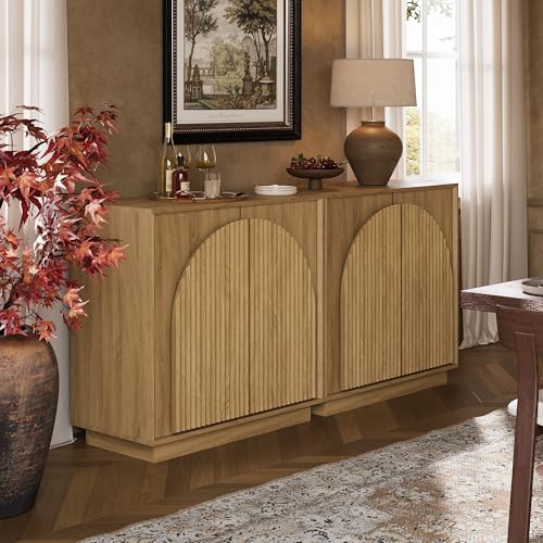 win2win 31.5" Small Buffet Cabinet with Storage, Arched Doors, Oak, 1PCS | Modern Console Cabinet for Dining Living Room Kitchen Entryway, Modular Accent Cabinet, Credenza with Wood Grain, Fluted - color: Oak