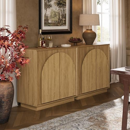 win2win 31.5" Small Buffet Cabinet with Storage, Arched Doors, Oak, 1PCS | Modern Console Cabinet for Dining Living Room Kitchen Entryway, Modular Accent Cabinet, Credenza with Wood Grain, Fluted - color: Oak