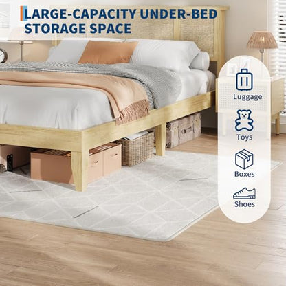 GarveeHome Full Bed Frame with Natural Rattan Headboard, Sturdy Metal Base with Durable Wooden Slats, Boho-Style Cane Mattress Support, No Box Spring Needed