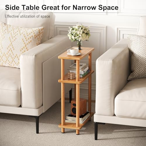 Apicizon Small Narrow Side Table, 3-Tier Skinny End Table, Natural | Sofa Side Table, Slim End Table, Wood Storage Shelf, Slim Nightstand Bedside Table for Narrow Spaces, Living Room, Bedroom - color: Natural, style: Narrow Side Table