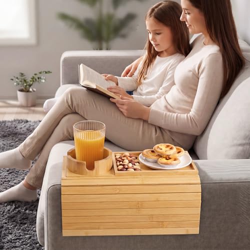Bamboo Sofa Armrest Tray, Foldable Couch Arm Tray Side Table, 2 in 1 Anti-Falling Armrest Tables Cup Holder for Snacks, Drinks, Beers, Phone, Control, Flexible and Portable, Anti-Slip - color: Bamboo