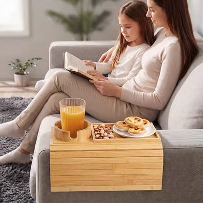 Bamboo Sofa Armrest Tray, Foldable Couch Arm Tray Side Table, 2 in 1 Anti-Falling Armrest Tables Cup Holder for Snacks, Drinks, Beers, Phone, Control, Flexible and Portable, Anti-Slip - color: Bamboo