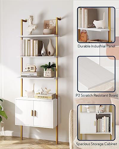 Yusong 73" Tall Bookshelf with Cabinet, Industrial Ladder Wall Mount Shelf Bookcase with Wood and Metal Frame, Plant Shelf Wall Storage Display for Living Room Bedroom, White Gold - color: White