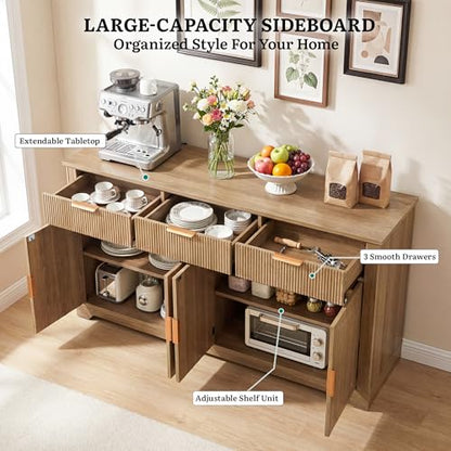 YITAHOME 59" Buffet Cabinet Fluted Sideboard Coffee Bar Natural Oak | Kitchen Storage Cabinet Adjustable Shelves & Drawers, Mid Century Modern Credenza for Kitchen, Living Room