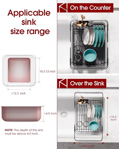 Sakugi Extendable Dish Drying Rack Over Sink with Dish Drainer, Sink Organization and Storage Essentials with Silverware & Utensil Holder, Home and Apartment Decor, 12" W x 16.1~23" L, Silver - color: Silver, size: EXtendable - 12"W X 16.1~23"L