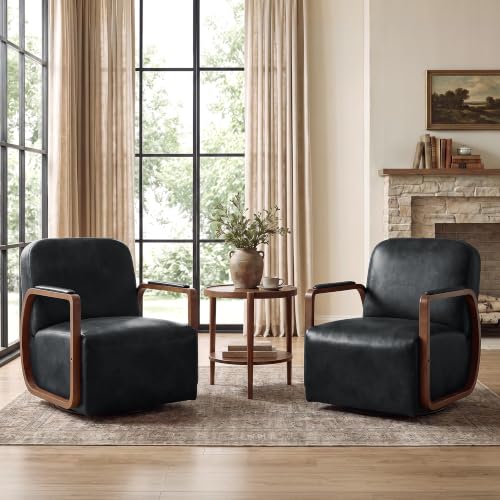 Faux Leather 360° Swivel Barrel Accent Chairs Set of 2, Upholstered Mid Century Modern Reading Lounge Chair with Wooden Armrests & Solid Rotating Metal Base for Living Room Bedroom, Black - color: Black, size: 2 Pack
