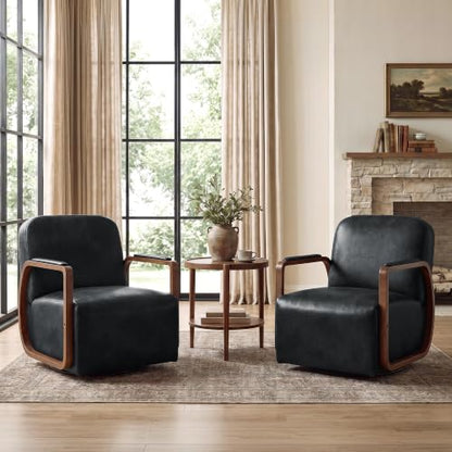 Faux Leather 360° Swivel Barrel Accent Chairs Set of 2, Upholstered Mid Century Modern Reading Lounge Chair with Wooden Armrests & Solid Rotating Metal Base for Living Room Bedroom, Black - color: Black, size: 2 Pack