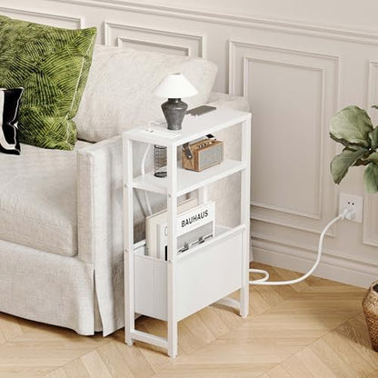 Narrow Side Table with Charging Station Slim End Table Sofa with Magazine Rack, Bedside Table for Small Spaces, 3 Tier Nightstand for Living Room Couch, Bedroom White LET503WE - color: White, style: With Charging Station