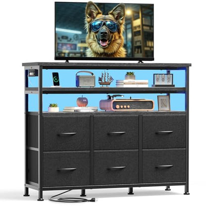 DUMOS LED TV Stand Dresser with Charging Station, Entertainment Center | Media Console for Living Room, App Controlled, 6 Fabric Drawers and 2 Shelves, Black