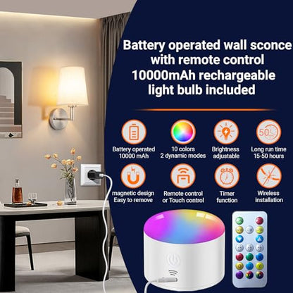 Wall Sconce Battery Operated Wall Light Fixure with Remote Control, Dimmable Battery Operated Wall Sconces Set Of Two, Indoor Wireless Wall Mounted Lamp with Rechargable Bulb For Bedroom Living Room - color: Nickel-SetOfTwo