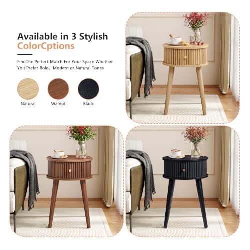 Round Fluted Side Table Set of 2, Small End Table with Fluted Drawer, Mid-Century Modern Wooden Bedside Table Round Nightstand Small Sofa Side Table for Living Room(Walnut) - color: Walnut, size: 15.7"D x 15.7"W x 23.6"H