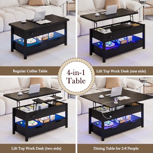 40" Lift Top Smart Coffee Table for Living Room | Power Outlets, LED Lights, Lifting Top, Storage Drawers & Compartments, for 4-6 People, Black - color: Black