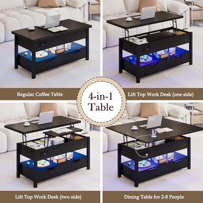 40" Lift Top Smart Coffee Table for Living Room | Power Outlets, LED Lights, Lifting Top, Storage Drawers & Compartments, for 4-6 People, Black - color: Black