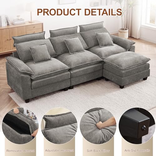 103'' Modular L Shaped Sofa, Cloud Deep Seat Sofa Couch with Ottoman, Detachable Headrest, 3 Seater Sectional Sofas for Living Room, Apartment, Studio, Light Grey - color: Light Grey, size: L Shaped Couch