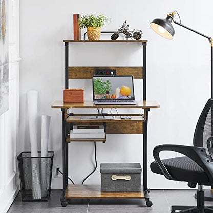 Yaheetech Small 3-Tier Rolling Computer Desk, Power Outlet, Rustic Brown | Engineered wood tiers and metal frame suit small spaces, holding a monitor, printer, and keyboard tray by a built-in outlet. - color: Rustic Brown