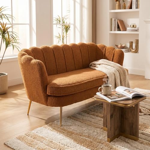 Modern Boucle Loveseat Couch,Futon Small Sofa with Gold Metal Legs | 2-Seater Upholstered Mini Sofa Couches for Small Space,Living Room Bedroom Office Dorm Studio Apartment Love Seat Couche - color: Brown