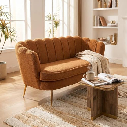 Modern Boucle Loveseat Couch,Futon Small Sofa with Gold Metal Legs | 2-Seater Upholstered Mini Sofa Couches for Small Space,Living Room Bedroom Office Dorm Studio Apartment Love Seat Couche - color: Brown