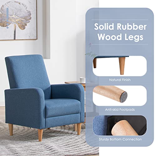 COLAMY Mid-Century Modern Accent Chair, Fabric Upholstered Living Room Chair with Back Pillow & Solid Wood Legs, Comfy Armchair for Living Room, Bedroom, Single Sofa, Blue - color: Blue, size: Set of 1
