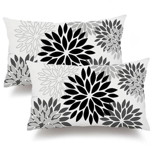 DFXSZ Outdoor Waterproof Pillow Covers 12x20 Set of 2 Black Grey Flower | Spring Summer Waterproof Flower Throw Pillowcases（No Inserts）Outdoor Decor for Patio Funiture Garden Polyester Covers - color: Black Grey, size: 20" x 12" (Pack of 2)