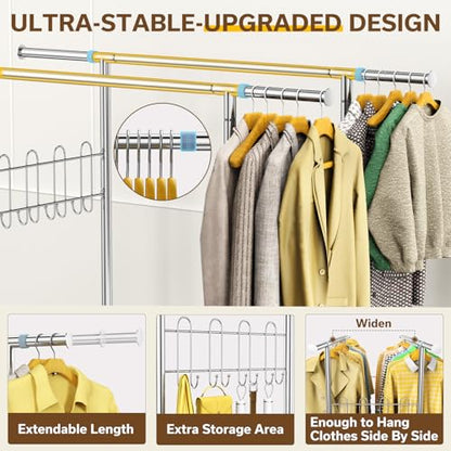 100% Stainless Steel Heavy Duty Clothes Rack Load 960LBS, Double Rod Clothing Rack for Hanging Clothes with Reinforced Rubber Rings, Extendable Rolling Garment Racks W/ Portable Wheel & Sturdy Shelves