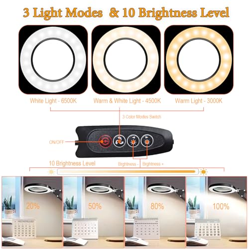 15X Magnifying Glass with Light – Real Glass Lens, 3 Color Modes & Adjustable Brightness – 2-in-1 Desk Lamp with Clamp & Heavy Base – Flexible Swing Arm – Ideal for Crafts, Reading, Repair, Seniors