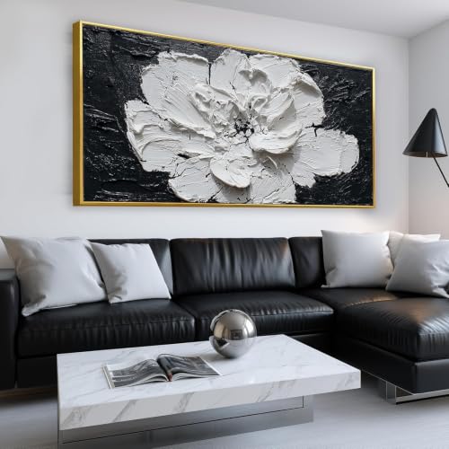 Elegant Black White Flower Framed Wall Art with Hooks, Classic Floral Home Decor 24"x48" - color: White Peony Flower, size: 120L x 60W cm