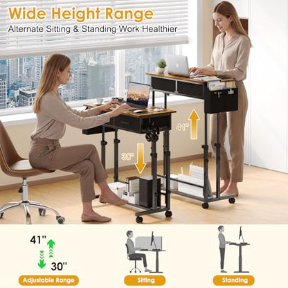 Small Rolling Standing Desk, Height Adjustable Mobile Sturdy Desk with 2 Fabric Drawers & Storage Shelf, Portable Sofa Side Laptop Table for Home Office, Small Spaces, 31.41"" x 15.74"", Rustic Brown - color: Rustic Brown