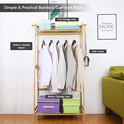 Ufine Bamboo Clothes Hanging Rack with 2 Tier Storage Shelves, 2 Coat Hooks | Portable Laundry Rack Closet Organizer Garment Rack for Bedroom Guest Room - size: 2 Tier