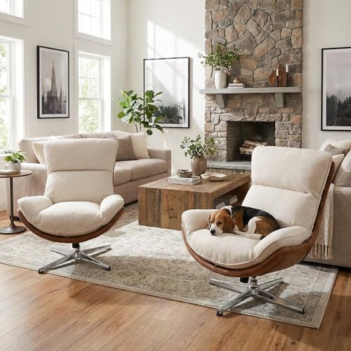 DUOMAY Set of 2 Linen Swivel Lounge Chair, Beige | High Back Upholstered Accent Chair With Chrome Base, Armless Comfy Recliner - color: Beige, size: Set of 2