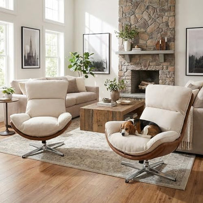 DUOMAY Set of 2 Linen Swivel Lounge Chair, Beige | High Back Upholstered Accent Chair With Chrome Base, Armless Comfy Recliner - color: Beige, size: Set of 2