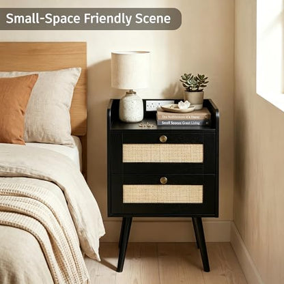 Rattan Nightstands Set of 2, Boho Bedside Table with 2 Drawers | Nightstands Set of 2 with Charging Station, Open Storage End Tables for Bedroom, Small Spaces and Dorm, Solid Wood Legs,Black - color: Black