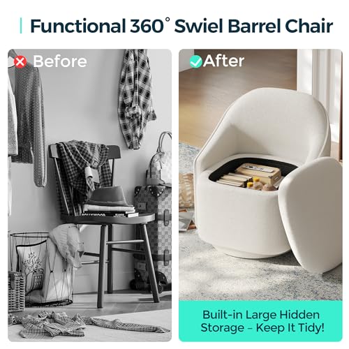 LINSY Swivel Accent Chair with Storage Comfy Chenille Barrel Chairs, Small 360 Swivel Modern Armchair for Living Room Bedroom, Boucle Reading Chair for Study Room (Beige) - color: Beige