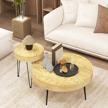 Giantex Boho Round Coffee Table Set of 2, Sofa Side Nesting Table with Solid Pine Wood Top, Metal Legs & Adjustable Foot Pads, 31.5" D Large Table Set for Living Room (Ring Pattern, Natural) - color: Natural, style: Ring Pattern