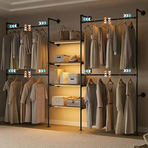 Expandable Industrial Pipe Clothing Rack with LED & Shelves | Heavy Duty Garment Rack with 4 Shelves & 4 Rods, Wall Mounted Closet Organizer for Bedroom, Laundry Room, Fits 72.8"- 110.6"
