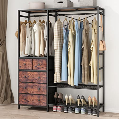 Freestanding Clothes Rack with 5 Drawers & 4 Storage Shelves,2 Hanging Rods | 59.1" W*70.9" H Heavy Duty Clothing Rack, Wardrobe Closet Organizer System with 5 Hooks, Garment Rack (Rustic) - color: Rustic