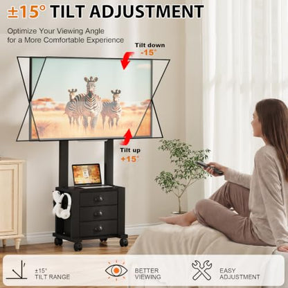 Rolling TV Stand with 3 Drawers for 23-60 Inch TVs with Storage | Hidden Storage, Height Adjustable Tilt Mount, Lockable Wheels, Dual Steel Frame, VESA Compatible for Bedroom & Living Room - size: 3 Drawers