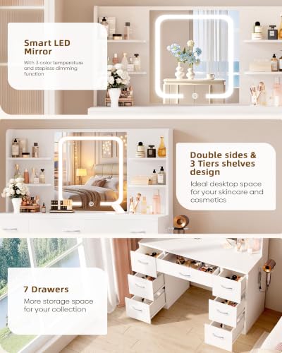LIVELYGLOW 43" Large White Makeup Vanity Desk with Charging Station | Smart LED Mirror, Hairdryer Holder, 7 Drawers, 4 Shelves - color: White