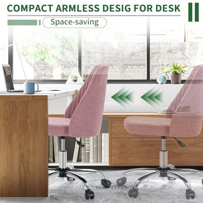 Armless Desk Chair with Comfortable Fabric Cover,Modern Home Office Chairs with Swivel Wheels for Computer Task Chairs Cute Vanity Chairs Adjustable Height for Living Room,Bed Room,Conference Office - color: Pink