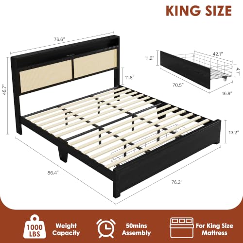 Garvee King Wooden Rattan Bed Frame Bohemian with Storage and LED Lights | Cane Headboard with Charging Station, Wooden Slats, Noise-free, No Box Spring. Country Farmhouse Bed Frames Black - color: Black, size: King