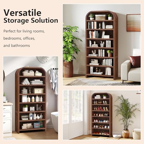 LEVNARY 70" Tall Arched Bookcase, 7-Tier Freestanding Storage Cabinet with Adjustable Shelves, Thick MDF Bookshelf for Bathroom Living Room Bedroom (Walnut) - color: Walnut