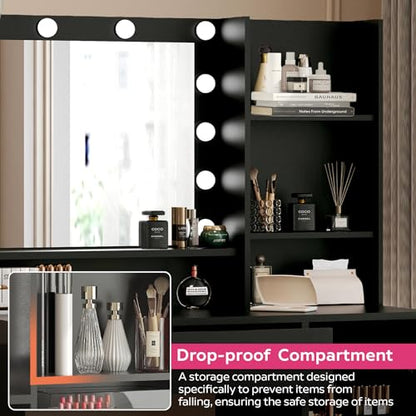 Palimder Vanity Desk with Mirror & Light, Large Drawer Three Level Storage Dresser, 3 Lighting Modes Adjustable Brightness, Bedroom Dressing Table - color: Black