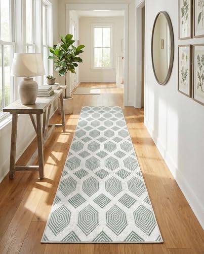Rugs.com - Sabrina Soto Casa Rug – 12 Ft Runner Green Cotton Textured Runner – Modern Geometric Design, Soft High-Low Pile for Hallways and Entryways - color: Green, size: 2'7" x 12' (Runner)