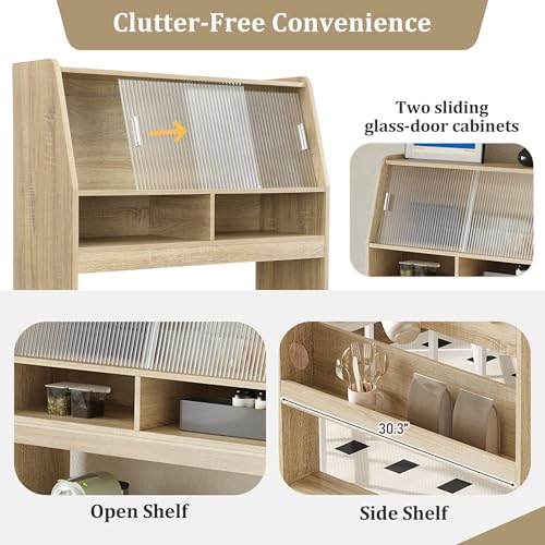 RuiSiSi Space Saving Folding Dining Table for 2-4, Farmhouse Buffet with Hutch and Storage Shelves, Multifunctional Cupboard with Side Hooks for Small Space, Studio, Apartment, Natural - color: Natural