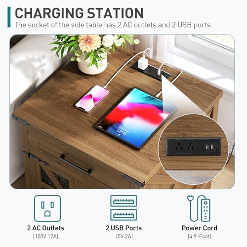 Walnut Farmhouse End Table with Charging Station, 24" Large Sofa Side Table with Drawer, Large End Table for Living Room, Wooden Nightstand with Outlet, Square, Walnut - color: Walnut
