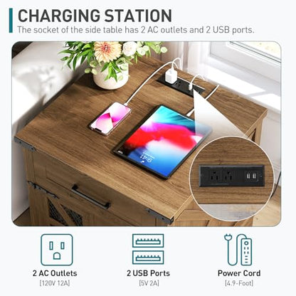 Walnut Farmhouse End Table with Charging Station, 24" Large Sofa Side Table with Drawer, Large End Table for Living Room, Wooden Nightstand with Outlet, Square, Walnut - color: Walnut