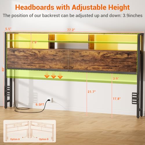 Aheaplus Headboard for King Size Bed with Storage, Headboards with Outlets, USB Ports and LED Light, King Size Head Board, Height Adjustable, Reversible, Sturdy and Stable Headboard, Rustic Brown - color: Rustic Brown, size: King, style: Wood
