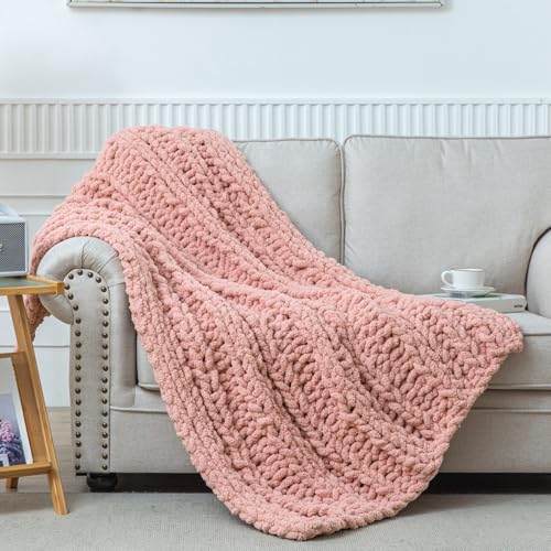 WESHIONGOO Chunky Knit Blanket Throw for Couch Bed 40"×60" Pink | 100% Handmade Knitted Throw blanket Fluffy Soft Blanket With Jumbo Chenille Yarn Thick - color: Pink, size: 40"x60"(Medium Size Throw)